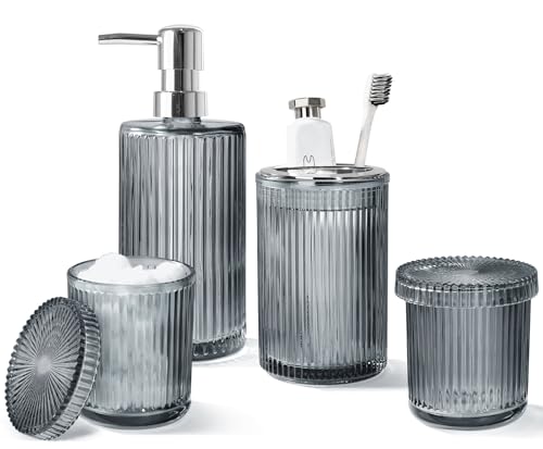 KASUNTING Gray Glass Bathroom Accessories 4 Pcs, Grey Bathroom Set, Soap Dispenser and Toothbrush Holder Set, Qtip Holder Set, Vintage Bathroom Sink Set, Modern Bathroom Decor - color: Gray, size: 4 Pcs Bathroom Set