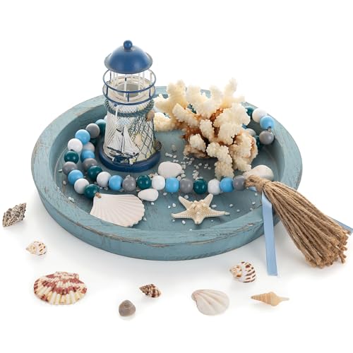 Hanobe Coastal Decorative Tray, Farmhouse Plate for Beach Table Decor | Round Wooden Trays Ocean Style for Bathroom Countertop Centerpiece Rustic Blue - color: Blue