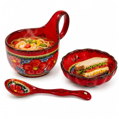 3 Piece Hand Painted Loop Handle Soup Bowl, Plate and Spoon Set,13.37oz Ceramic Cereal Cup for Coffee,Floral Bowl Set for Soup Snack Ice Cream Stew Microwave Dishwasher Safe (Red) - color: Flamenco Red