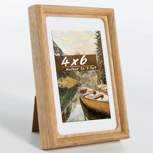 Handmade Solid Oak Wood 4x6 Picture Frame with Real Glass, Photo Frame with Mat Fits 3.5x5 Photo, Tabletop & Wall Mount Display for Home Decor & Festival Gift - color: Oak, size: 4×6