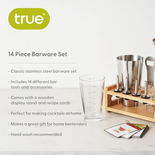 True 14-Piece Barware Set with Wood Stand for Mixing Cocktails and Drinks, Perfect Home Bar Accessories, Mixology Bartender Kit, Bartending Supplies - size: 14-Piece