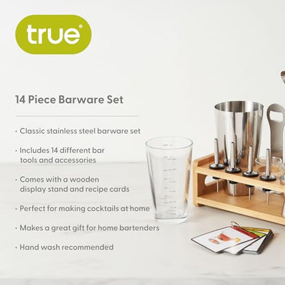 True 14-Piece Barware Set with Wood Stand for Mixing Cocktails and Drinks, Perfect Home Bar Accessories, Mixology Bartender Kit, Bartending Supplies - size: 14-Piece