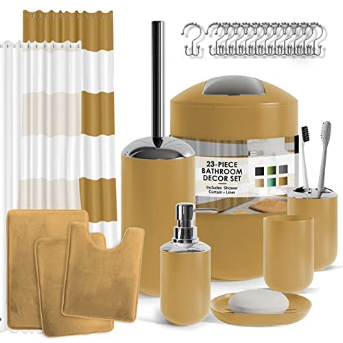 Clara Clark Bathroom Set – Bathroom Sets with Shower Curtain and Rugs, Soft Bathroom Rugs Non Slip, 23PC Gold Bathroom Accessories Set Complete with Bath Rugs, Shower Curtain Set with Liner and Hooks - color: Gold, size: Complete Set + Bath Rugs