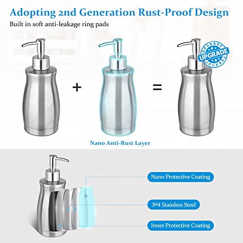 Soap Dispenser Stainless Steel - Brushed Nickel Pump Dispenser Bottle Refillable Liquid Hand Dish Soap Dispenser for Bathroom, Kitchen, Countertop, Silver (13.5 Oz / 400ML) - color: Curved-silver