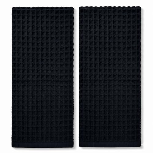 Jacquotha Black Waffle Cotton Hand Towels Set of 2 – Quick Dry, Low Lint | Towels for Bathroom, Kitchen & Daily Life, 13" x 29" - color: Black