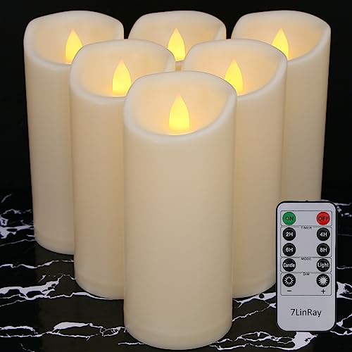 6 Pack 3"x7" Outdoor Waterproof Flameless Candles with Remote and Timer, Battery Operated Flickering LED Pillar Candles for Wedding Halloween Lantern Decoration, Ivory Plastic - color: 6 Pack-D3"x H7"