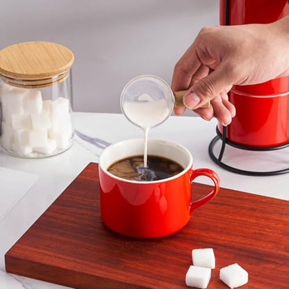 10oz Porcelain Stackable Coffee Mugs and Metal Stand Set of 4, Espresso Cups Set for Hot Drinks, Cappuccino, Tea-Red - color: Red