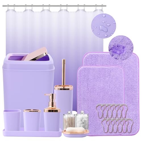 XLHOMO Bathroom Accessory Set–Bathroom Sets with Shower Curtain and Rugs, Non Slip Bathroom Rugs Super Absorbent, Light Purple Ombre Shower Curtain with Hooks, Lavender Bathroom Sets Complete for Home - color: Light Purple, size: Bathroom Set+Shower Curta