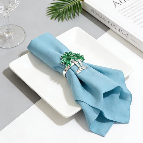 Palm Tree Napkin Rings Set of 6 Tropical Coastal Napkin Holder Ring for Spring Party Summer Wedding Decor,Green Coconut Tree Dining Table Setting for Hawaii Holiday Gatherings & Beach House - style: Palm Tree