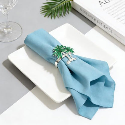 Palm Tree Napkin Rings Set of 6 Tropical Coastal Napkin Holder Ring for Spring Party Summer Wedding Decor,Green Coconut Tree Dining Table Setting for Hawaii Holiday Gatherings & Beach House - style: Palm Tree