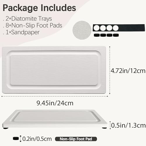 2 PCS Water Absorbing Stone Trays for Bathroom Sink Fast Drying Coasters | 9.5" x 4.7", Vanity Tray, Diatomaceous Earth Mat, Hand Soap Holder with Anti-Skid Feet, Kitchen Counter, Sink Caddy Organizer - color: 9.5" X 4.7" White