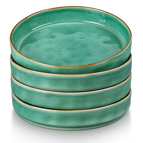 LIANYU 33oz Pasta Bowls, 8.25’’ Wide Shallow Salad Plates Set of 4 | Stoneware Ceramic Dinner Serving Bowls for Cereal, Fruit, Soup, Microwave & Dishwasher Safe, Emerald Green - color: Emerald Green