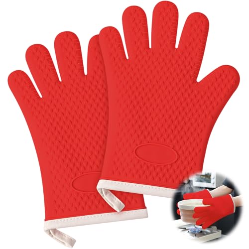 1 Pair Oven Mitts, Heat Resistant Protective Oven Gloves, Cotton Lined Silicone Kitchen Mitts Pair, Nonslip Silicone Cooking Gloves with Fingers (Red) - color: Red