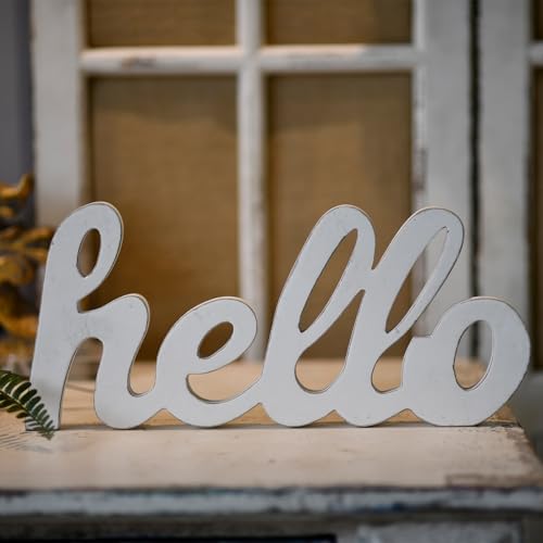 Rustic Wooden Hello Sign for Home Decor 14", Distressed White | Wall Hanging Hello Door Sign, Handmade Outdoor Welcome Signs for Porch, Farmhosue Christmas Signs for Shelf Living Room - color: Hello