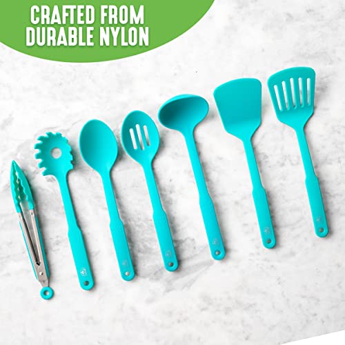 GreenLife Cooking Tools and Utensils, 7 Piece Nylon Set including Spatulas Turner Spoons and Tongs, Dishwasher Safe, Caribbean Blue - color: Caribbean Blue