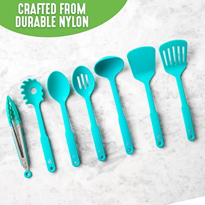 GreenLife Cooking Tools and Utensils, 7 Piece Nylon Set including Spatulas Turner Spoons and Tongs, Dishwasher Safe, Caribbean Blue - color: Caribbean Blue