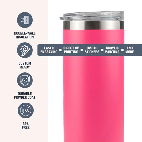 Hogg 20 oz Skinny - Bright Pink, Powder Coated Tumblers for Laser Engraving, Engravable Tumblers Bulk, Stainless Steel Cups Bulk, Insulated Cups with Lids - color: Bright Pink