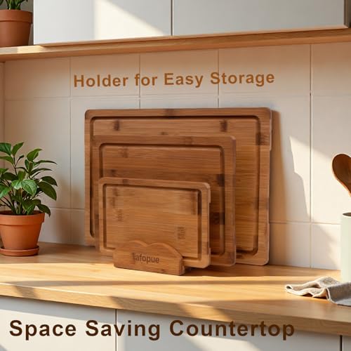 Cutting Board Set with Holder, Space Saving Kitchen Bamboo Chopping Boards, Build in Juice Groove and Grip Handle, Durable Wooden Serving Board for Meal Prep & Charcuterie, Gift Idea - color: Carbonized Bamboo, size: Set of 3 | Small + Medium + Large