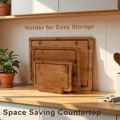 Cutting Board Set with Holder, Space Saving Kitchen Bamboo Chopping Boards, Build in Juice Groove and Grip Handle, Durable Wooden Serving Board for Meal Prep & Charcuterie, Gift Idea - color: Carbonized Bamboo, size: Set of 3 | Small + Medium + Large