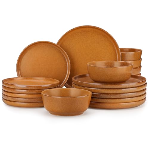 vancasso ZERMATT 18 Pieces Stoneware Dinnerware, Plates and Bowls Set for 6 | Dinnerware Set for 6 in Caramel Yellow Reactive Glaze Stoneware, Plates and Bowls, Microwave and Dishwasher Safe - color: Caramel Yellow, size: 18 Pcs (Service for 6)