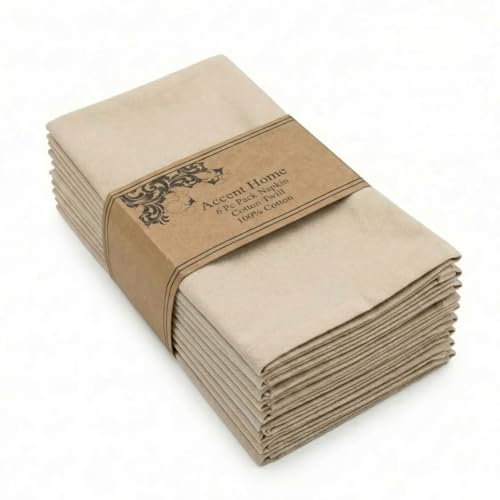 ACCENTHOME Accent Home 100% Cotton Napkins, Delicate Cloth Napkins for Dinners, Parties and Weddings，18 x 18 Inch Set of 6 - Natural | 100% Pure Cotton Napkins, Economy Pack, Multi Purpose Use, Machine Washable, Cotton - color: 17 - Natural - Twill, size: