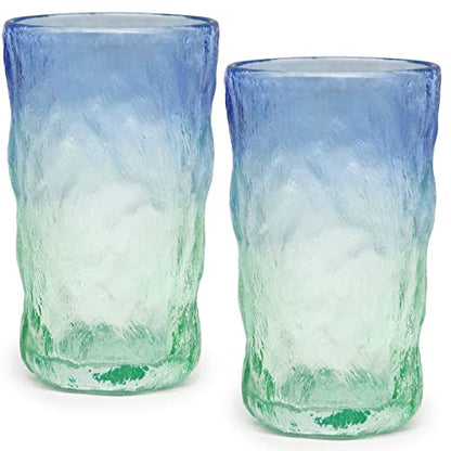 TOSSOW Drinking Glasses Set of 2,Mixed Drink Glassware Sets Glacier Pattern Colorful Glass Water Cups for Wine, Beer, Juice, Mojito and Cocktail(12 oz) - color: Blue Green