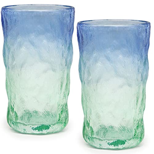 TOSSOW Drinking Glasses Set of 2,Mixed Drink Glassware Sets Glacier Pattern Colorful Glass Water Cups for Wine, Beer, Juice, Mojito and Cocktail(12 oz) - color: Blue Green