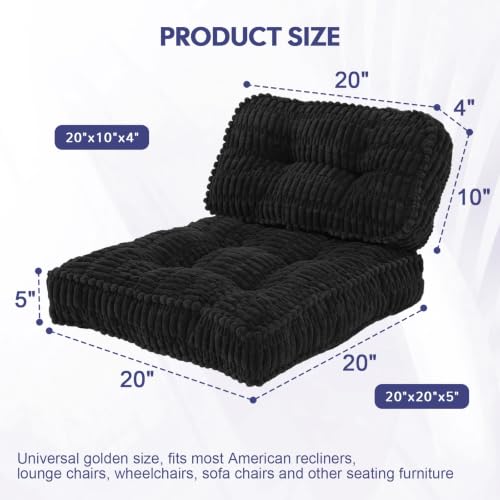 idee-home Recliner Cushions with Lumbar Support Pillow Set for Elderly | 20x20x5 Inch Recliner Seat Cushion Tufted, Large Square Seat Cushion Non-Slip Reduce Hip & Lumbar Pain - color: Black Seat&lumbar