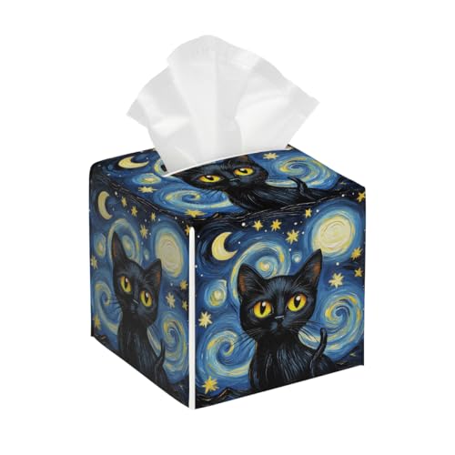 Black Cat Starry Night Leather Tissue Box Cover, Waterproof PVC Leather Napkin Holder, Decorative Tissue Case for Coffee Table Office Bedroom Kitchen Bathroom Car - color: Black_cat Starry Night