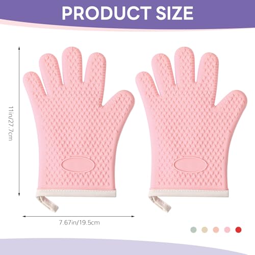 1 Pair Oven Mitts, Heat Resistant Protective Oven Gloves, Cotton Lined Silicone Kitchen Mitts Pair, Nonslip Silicone Cooking Gloves with Fingers (Pink) - color: Pink