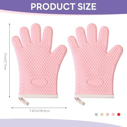 1 Pair Oven Mitts, Heat Resistant Protective Oven Gloves, Cotton Lined Silicone Kitchen Mitts Pair, Nonslip Silicone Cooking Gloves with Fingers (Pink) - color: Pink