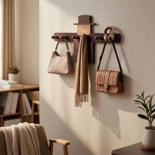 Wall Hook Wooden Coat Rack Organizer Hanger Peg Rail with Scarecrow Figure Solid Wood Design Rounded Pegs Smooth Edges, Scarecrow Coat Hook 6 Hooks, 53cm X 31cm X 1.6cm - size: 53cm X 31cm X 1.6cm, style: Scarecrow Coat Hook 6 Hooks