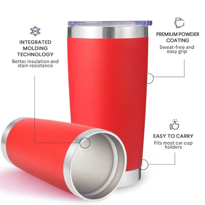 Volhoply 20oz Stainless Steel Tumbler with Lid and Straw Bulk 4 Pack,Double Wall Insulated Travel Iced Coffee Mug Fits Cup Holder,Powder Coated Cups for Hot/Cold Drinks,Gifts for Women（Red,4 Set） - color: Red