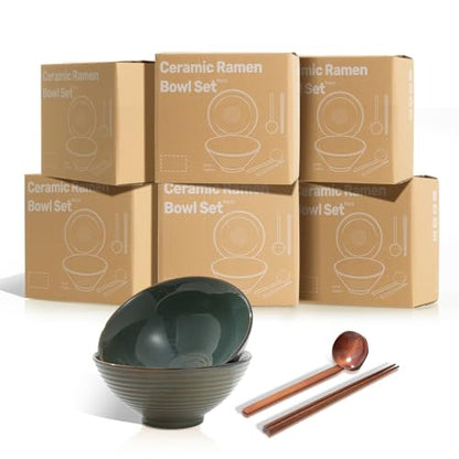 8 Inch Ceramic Ramen Bowl Set of 2, 40oz Japanese Bowls with Spoons & Chopsticks,Durable,Microwave & Dishwasher Safe,Perfect for Ramen,Pho,Salad,Soup,Noodles，Mixing bowls（Dark Teal） - color: Dark Teal