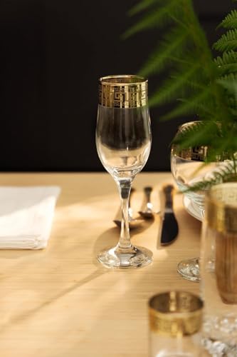 WORLD GIFTS Gold Rimmed Champagne Flutes 6-pieces Glass Set Greek Key Pattern Contemporary Drinkware - color: Champagne