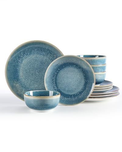 Sweejar Dinnerware Sets Service for 4, 12 pcs Porcelain Plates and Bowls for Kitchen, Housewaring Gift, Chip and Scratch Resistant Dish Set, Handmade Dishwasher and Microwave Safe Plate Set, Blue - color: Blue, style: Service for 4 (12 Pcs)