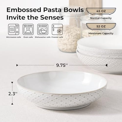 Y YHY Large Pasta Bowls, 45 oz Embossed Salad Bowls for Serving Soup, Noodle, Dessert, Dinner, Kitchen Deep Plates, 9.75" Porcelain Shallow Bowls, Soft White Dishes for House-warming Wedding Present - size: 9.75 IN