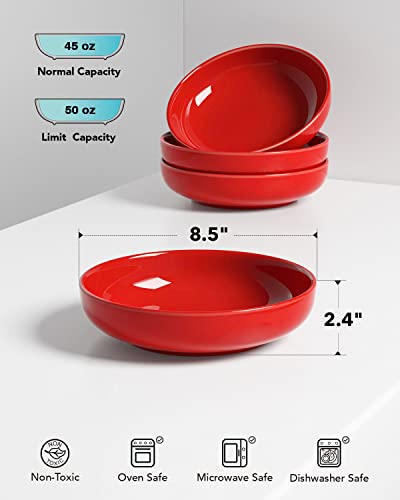 LE TAUCI Pasta Bowls 45 oz, Salad Bowls Set for Serving Soup, Pasta, Noodle, Dinner, Large Kitchen Bowl Plates, Microwave Safe - 8.5 Inch, Set of 4, Red - color: Red, size: 45 ounces
