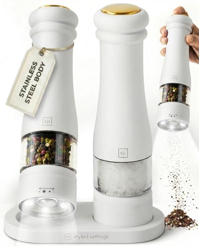 Styled Settings Electric Salt and Pepper Grinder Set, White | Automatic White and Gold Electric Salt and Pepper Shakers with Wood Base, LED Light, Battery Operated, Adjustable Coarseness - color: White