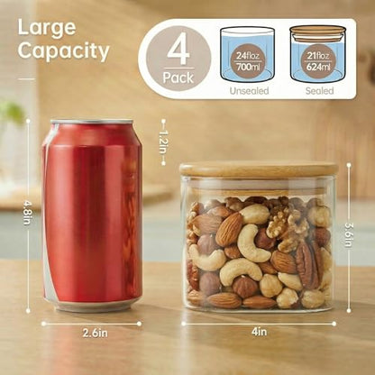 21 oz Square Glass Food Storage Containers with Airtight Bamboo Lids, 4Pack | Pantry Jars for Flour, Sugar, Pasta & Spices, 3mm Borosilicate Glass Canisters Keep Food Dry & Fresh, Easy to Fill & Clean - color: 21oz 4 Pack