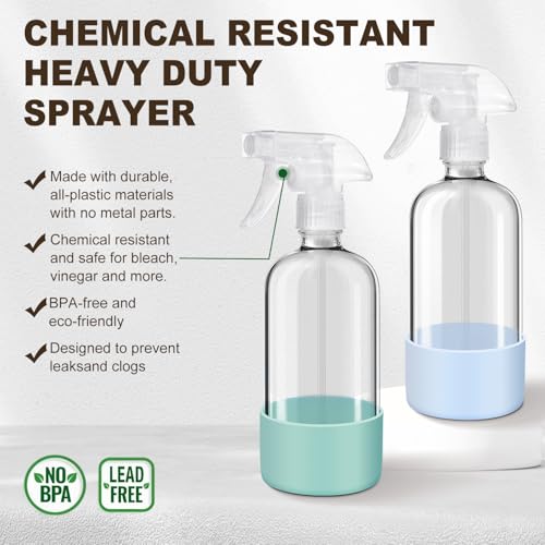 Glass Spray Bottles with Silicone Sleeves (2 Pack, 16 oz), Mist and Stream | Heavy-Duty Sprayer, Premium Glass, Leaks and Clogs Free, for Cleaning Solutions, Planting, Hair Spraying - Funnel Included