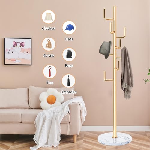 ZOZOE Metal Modern Coat Racks, Cactus Coat Rack Freestanding with Natural Marble Base, Golden Coat Rack Stand with 8 Hooks, Coat Tree Hanger Stand for Bags, Hats, Entryway, Office - color: Black 8 Hooks