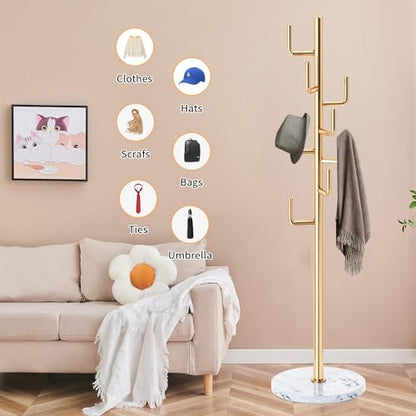 ZOZOE Metal Modern Coat Racks, Cactus Coat Rack Freestanding with Natural Marble Base, Golden Coat Rack Stand with 8 Hooks, Coat Tree Hanger Stand for Bags, Hats, Entryway, Office - color: Black 8 Hooks
