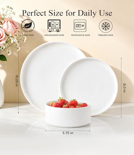 GBHOME Stoneware Dinnerware Sets for 4,12-Piece Matte Plates and Bowls Set | Lightweight Ceramic Dish Set,Oven & Microwave,Dishwasher Safe,Scratch Resistant-White - color: White