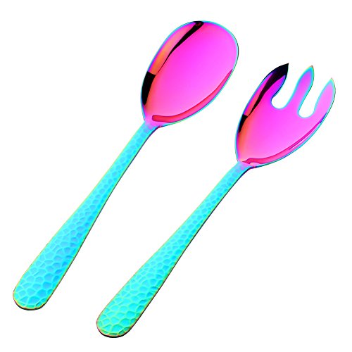 Salad Spoon and Fork Set, 12 Inch Stainless Steel Rainbow Salad Server, Large Serving Utensils, Pack of 2 - color: Rainbow
