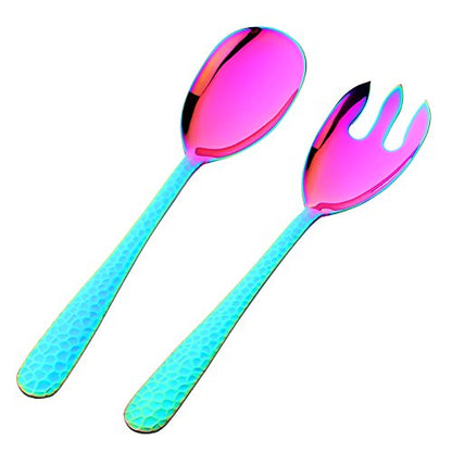 Salad Spoon and Fork Set, 12 Inch Stainless Steel Rainbow Salad Server, Large Serving Utensils, Pack of 2 - color: Rainbow