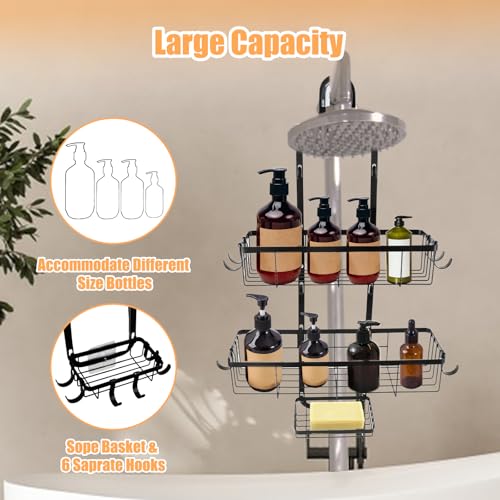 Bathroom Shower Caddy Hanging, Rustproof Waterproof | Metal, 6 Multi-Purpose Hooks, Storage Shelf, No Drilling Installation, Shampoo Soap Towel Organizer