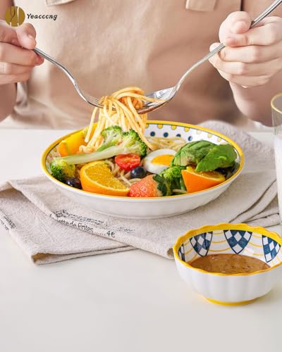 Yeacccng Bohemian Pasta Bowls Set of 4, 8 Inch 24 Oz Ceramic Salad Bowls, Shallow Wide Kitchen Bowls, Lead-Free Cadmium-Free, Dishwasher Microwave Oven Safe, Scratch-Resistant Boho Serving Bowls - size: 8 inch pasta bowl (Colorful*4)