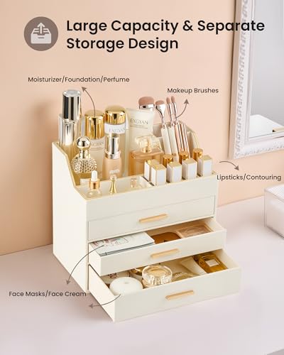 Lolalet Makeup Organizer for Vanity Desk, 4-Layer PU Leather Luxury Make Up Storage Cosmetics Holder Box with Drawers -Beige - size: 4-Layer