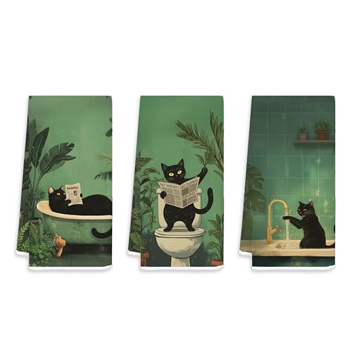 Funny Black Cat Bathroom Hand Towels, Black Cat Bathroom Decor, Whimsical Quirky Modern Green Kitty Decorative Hand Towels for Bath Room Washroom Restroom, 16x24 Inch Set of 3 - color: White-funny Black Cat